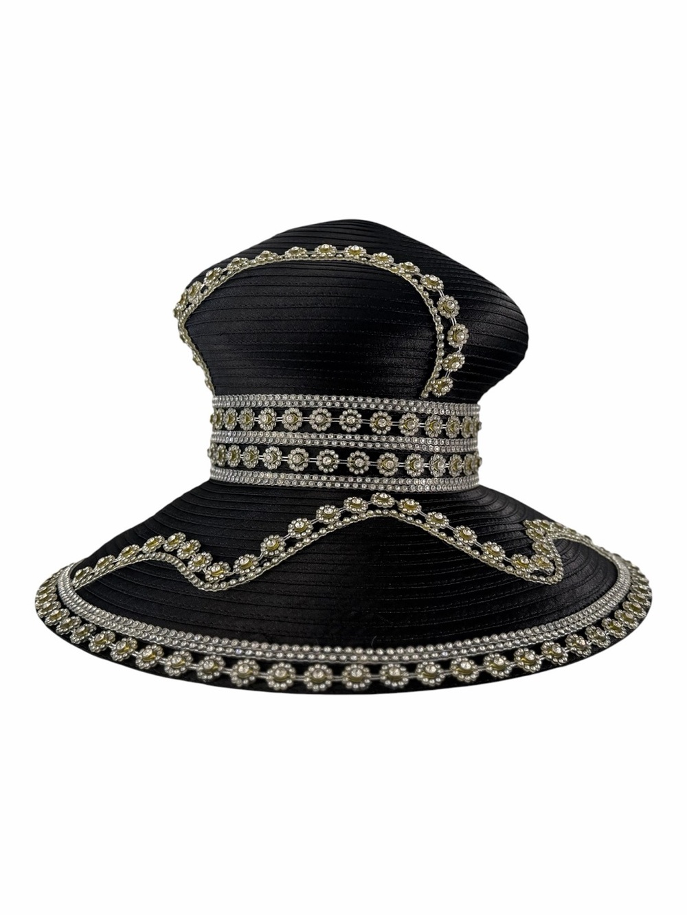 Donna Vinci Couture Black Wide Brim Hat with Rhinestone Daisy Trim